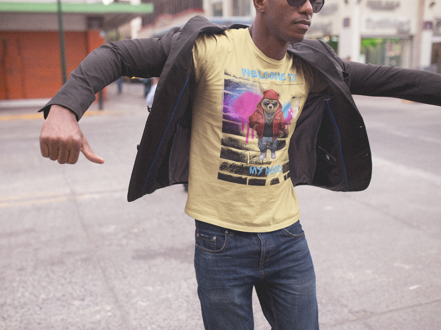 MENS WELCOME TO MY HOOD BEAR TEE